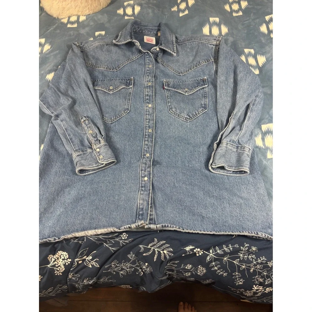 Levi Strauss Mens Blue Denim Western Snap Shirt Small Medium Wash Regular Fit